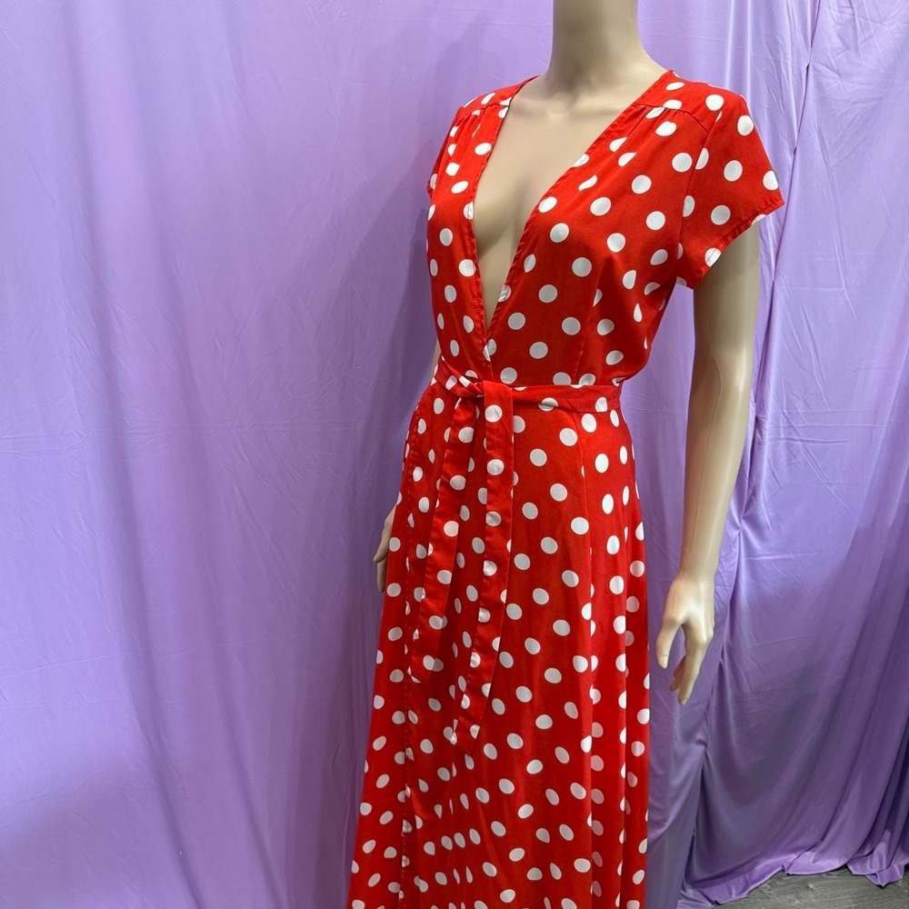 Red Polka Dot Maxi Dress Tie Waist Deep V-Neck Short Sleeve Summer Boho